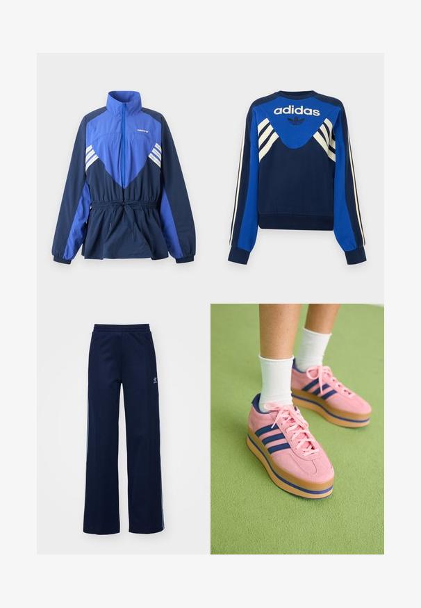 Modro-tmavomodrá vetrovka Adidas s vysokým golierom, predným zipsom, elastickým sťahovaním v páse a bielymi pruhmi na hrudi a rukávoch.; Námornícka a modrá mikina Adidas s bielymi pásikmi na rukávoch a na hrudi, s logom Adidas a dizajnom trojlístka na prednej strane.; Námornícke nohavice z bavlneného zmesi s širokým strihom, elastickým pásom a zipsovými vreckami, s bielymi bočnými pruhmi a detailom loga.; Ružové semišové platformové tenisky s modrými pruhmi a ružovými šnúrkami. Tlustá béžová podrážka s modrým akcentom. Nosí sa s bielymi členkovými ponožkami na zelenej ploche.