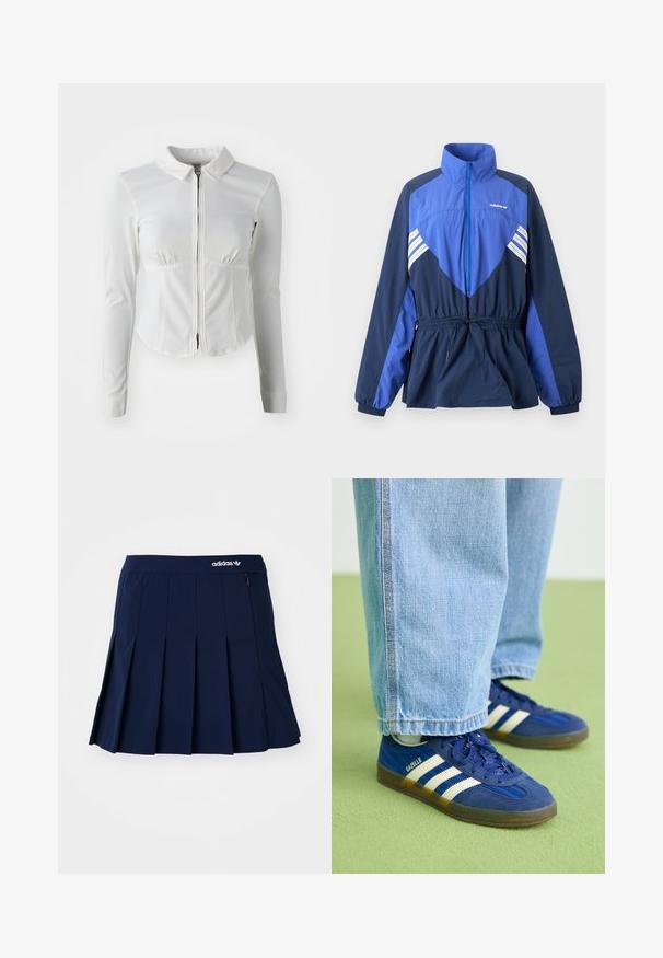 Modro-tmavomodrá vetrovka Adidas s vysokým golierom, predným zipsom, elastickým sťahovaním v páse a bielymi pruhmi na hrudi a rukávoch.; Biela bundová bunda na zips s dlhými rukávmi, s golierom a priliehavým strihom. Hladká tkanina s naťahovacimi detailmi v oblasti pŕs a pásu.; Námornícky skládací sukňa vyrobená z ľahkého materiálu; má elastický pás a malú zipsovú kapsu, s bielym logom Adidas vpredu.; Modré semišové tenisky s bielymi pruhmi a textúrovanými vzormi, obuté s svetlomodrými džínsami, na pozadí zelenej farby.