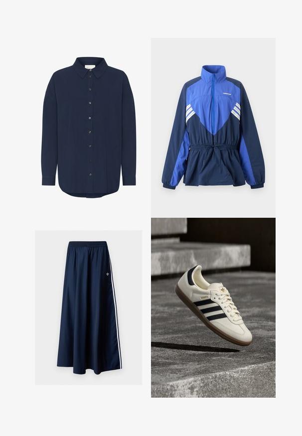 Chaqueta cortavientos Adidas azul y azul marino con cuello alto, cremallera frontal, cordón elástico en la cintura y rayas blancas en el pecho y las mangas.; Camisa de manga larga azul marino oscuro con cuello clásico, cierre de botones en la parte delantera y un corte relajado. Presenta una sutil textura y un dobladillo redondeado.; Falda maxi azul marino con cintura elástica, dos franjas laterales blancas y un pequeño logo blanco de Adidas en el lado izquierdo.; Zapatilla blanca Adidas Samba con franjas negras y suela de goma, flotando sobre escalones de hormigón gris texturizado.