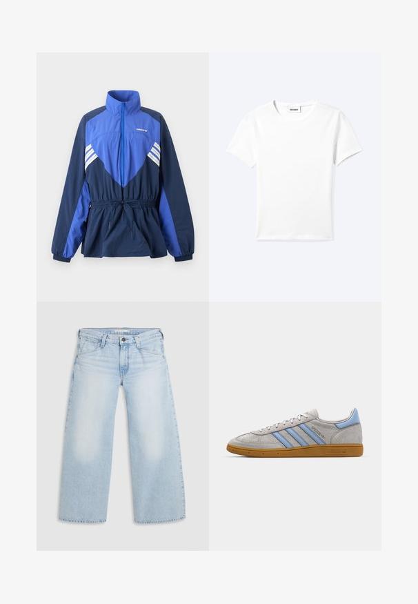 Blå og marineblå Adidas vindtæt jakke med høj krave, frontlynlås, elastisk taljetræk og hvide striber på bryst og ærmer.; Ensfarvet hvid t-shirt med korte ærmer og rund halsudskæring med en lille "WEEKDAY" label indeni halskanten, vist fladt på en lys baggrund.; Lyseblå vid nederdel jeans lavet af denim. Har lige snit, fem lommers design og knaplukning i taljen.; Grå ruskinds sneakers med lyseblå striber, gummisål i farven gum og logo detaljer. Lavt design med rund tå og snørelukning.