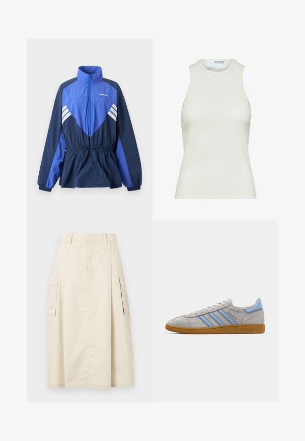 Sinine ja tumesinine Adidas tuulejope kõrge kraega, esiosas tõmblukuga, elastse vöökoha nööriga ning valgete triipudega rinnal ja varrukatel.; Valge varrukateta soonikkoes tank-top ümmarguse kaelusega Selected Femme'i poolt, eesmine vaade ilma mustrite või kaunistusteta.; Beige, põlvepikkune seelik, mis on valmistatud puuvillast. Omab kahte külgset cargo taskut ja eesmist voldikut, varustatud vöökoht ja peidetud tõmblukk.; Hallhalli suede tossud, millel on helesinised triibud, kummist tallad ja logo aktsendid. Madal disain, ümmargune nina ja paeltesuletav kinnitussüsteem.