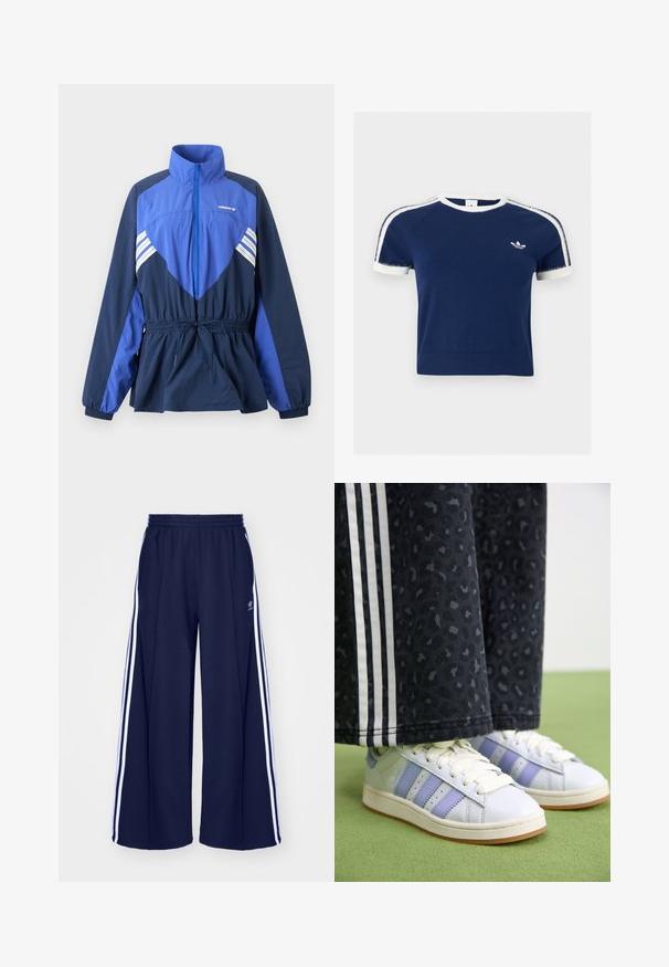 Sinine ja tumesinine Adidas tuulejope kõrge kraega, esiosas tõmblukuga, elastse vöökoha nööriga ning valgete triipudega rinnal ja varrukatel.; Tumesinine lühikeste varrukatega särk valge äärisega krae ja varrukate juures, valged triibud õlgadel ning väike valge Adidas logo rinnal.; adidas Originals PANT - Dresside alumine osa - night indigo; Valged nahktennisekingad heledate lilla aktsentidega, kolme triibuga ja kummitaldadega. Mustad püksid peene leopardimustriga ja külgtuvedega.