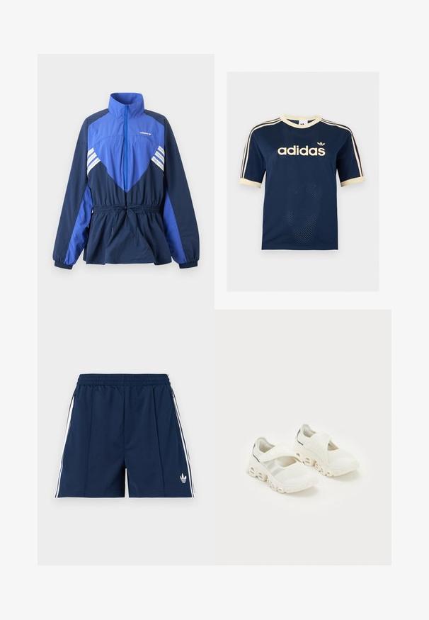Veste coupe-vent Adidas bleu et marine avec col montant, fermeture éclair frontale, cordon de serrage élastique à la taille et bandes blanches sur la poitrine et les manches.; T-shirt à manches courtes en mesh bleu marine Adidas avec bordure crème, trois bandes crème sur les manches et logo Adidas sur la poitrine.; Shorts de sport bleu marine avec taille élastique, bandes blanches sur les côtés, poches zippées et petit logo Adidas blanc sur la jambe gauche.; Baskets de sport blanches en mesh avec une fermeture à sangle, un support de cheville rembourré, et un design de semelle incurvée distinctif comportant des sections creusées.