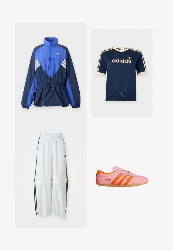 Blauwe en marineblauwe Adidas windbreaker jas met hoge kraag, ritssluiting aan de voorkant, elastisch koord in de taille en witte strepen op borst en mouwen.; Marineblauw Adidas mesh T-shirt met korte mouwen, crèmekleurige afwerking, drie crèmekleurige strepen op de mouwen en Adidas-logo op de borst.; Witte sportbroek met een relaxte pasvorm, elastische tailleband en zwarte zijkanten. Voorzien van ritszakken en elastische boorden bij de enkels.; Roze sneaker met oranje accenten, voorzien van drie strepen, een gestructureerd materiaal, vetersluiting aan de voorkant en een rubberen zool. Branding op de zijkant.