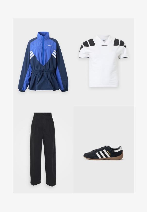 Μαριν και μπλε ανοιχτό μπουφάν Adidas με ψηλό γιακά, μπροστινό φερμουάρ, ελαστικό ρυθμιζόμενο στη μέση και λευκές ρίγες στο στήθος και τα μανίκια.; Λευκό κοντομάνικο πουκάμισο με μαύρες λεπτομέρειες στους ώμους και γιακά. Διαθέτει σχέδιο με V-λαιμόκοψη και λογότυπο Adidas στο μπροστινό μέρος. Υλικό από βαμβάκι.; Μαύρο παντελόνι σε φαρδιά γραμμή από βαμβάκι με λεία υφή, διαθέτοντας κλείσιμο με κουμπί μπροστά και δύο πλαϊνές τσέπες.; Μαύρο σουέντ αθλητικό παπούτσι με τρεις λευκές ρίγες, σόλα από καουτσούκ και ένα μικρό χρυσό λογότυπο στο πλάι. Διαθέτει μαλακή μαύρη εσωτερική επένδυση.