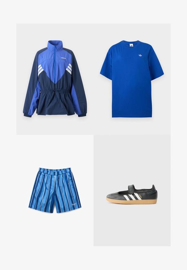Μαριν και μπλε ανοιχτό μπουφάν Adidas με ψηλό γιακά, μπροστινό φερμουάρ, ελαστικό ρυθμιζόμενο στη μέση και λευκές ρίγες στο στήθος και τα μανίκια.; Μπλε κοντομάνικο T-shirt Adidas με στρογγυλή λαιμόκοψη και μικρό λευκό λογότυπο Adidas trefoil στο αριστερό μέρος του στήθους.; Μπλε ριγέ μαγιό με ελαστική μέση και λευκές κάθετες γραμμές, με ένα μικρό λευκό λογότυπο στην κάτω δεξιά πλευρά.; Μαύρο δερμάτινο και σουέντ αθλητικό παπούτσι με ιμάντα Velcro, χαρακτηρισμένο από τρεις λευκές ρίγες και καουτσούκ σόλα, με την ένδειξη "SAMBA" στο πλάι.