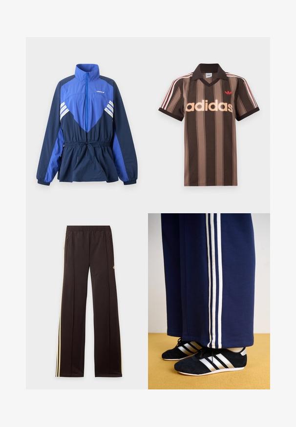 Modro-tmavomodrá vetrovka Adidas s vysokým golierom, predným zipsom, elastickým sťahovaním v páse a bielymi pruhmi na hrudi a rukávoch.; Hnedé prúžkované polo tričko Adidas s výstrihom do V, bordovým golierom a červeným logom. Má bielo-červené pruhy na ramenách a krátke rukávy.; Čierne tepláky so žltými bočnými pruhmi, elastickým pásom, bočnými vreckami na zips a malým logom na hornej časti stehna.; Námornícke tepláky s tromi bielymi vertikálnymi pruhmi a čiernymi atletickými topánkami so striebornými pruhmi a textúrovaným povrchom. Žltá podlaha.