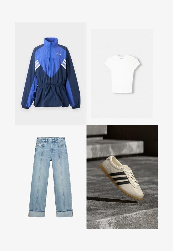 Blauwe en marineblauwe Adidas windbreaker jas met hoge kraag, ritssluiting aan de voorkant, elastisch koord in de taille en witte strepen op borst en mouwen.; Witte t-shirt met korte mouwen van zachte katoen, met een ronde halslijn en een getailleerde vorm. Geen zichtbare patronen of versieringen.; Lichtblauwe denim wijde jeans met een hoge taille, voorzien van vijf zakken, zichtbare stiksels en opgerolde zomen bij de manchetten.; Witte sneaker met zwarte strepen en rubberen zool zwevend boven betonnen trap in zacht daglicht.