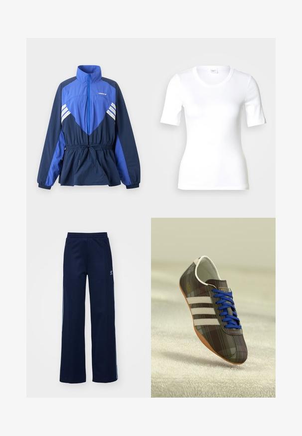 Blå og marineblå Adidas vindtæt jakke med høj krave, frontlynlås, elastisk taljetræk og hvide striber på bryst og ærmer.; Hvid T-shirt med korte ærmer lavet af glat bomuld, med rund halsudskæring og en tætsiddende pasform. Klassisk design uden mønstre eller detaljer.; Marineblå bomuldsblandede træningsbukser med bred benstil, elastisk talje og lynlåslommer, prydet med hvide sideordner og logo-detalje.; Brune ternede atletiske sko med blå snørebånd, tre hvide striber og en glat overflade, med en lysebrune gummisul.