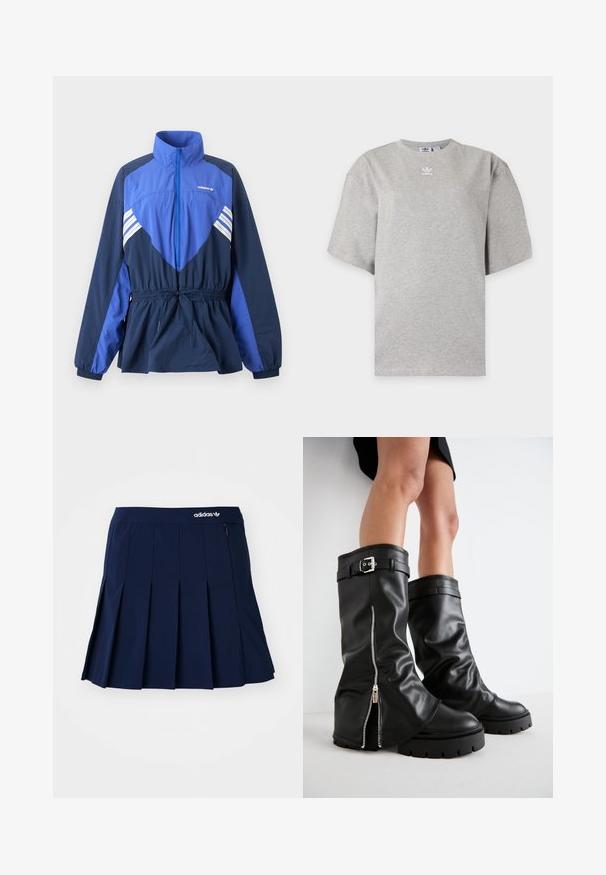 Blauwe en marineblauwe Adidas windbreaker jas met hoge kraag, ritssluiting aan de voorkant, elastisch koord in de taille en witte strepen op borst en mouwen.; Lichtgrijs Adidas T-shirt met korte mouwen, ronde hals en klein wit Adidas-logo op de borst, weergegeven op een effen achtergrond.; Marineblauwe plooienrok van lichtgewicht stof; heeft een elastische tailleband en een klein zipvak, met een wit Adidas-logo op de voorkant.; Zwarte leren kniehoge laarzen met een brede schacht, voorzien van een zijrits en een gespaccent, met een gestructureerde afwerking en een chunky rubberen zool.