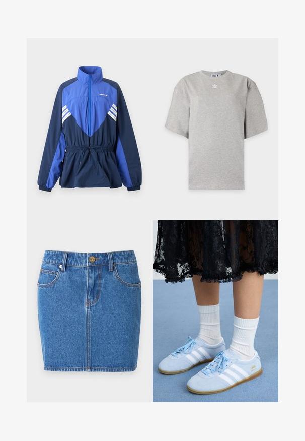 Μαριν και μπλε ανοιχτό μπουφάν Adidas με ψηλό γιακά, μπροστινό φερμουάρ, ελαστικό ρυθμιζόμενο στη μέση και λευκές ρίγες στο στήθος και τα μανίκια.; Ανοιχτό γκρι κοντομάνικη μπλούζα Adidas με στρογγυλή λαιμόκοψη και μικρό λευκό λογότυπο Adidas στο στήθος, εμφανίζεται σε απλό φόντο.; Μπλε μίνι φούστα από τζιν με μπροστινές τσέπες, θηλιές για ζώνη και κλείσιμο με μεταλλικό κουμπί με μικρή λεπτομέρεια λογοτύπου.; Ανοιχτό μπλε αθλητικά παπούτσια με λευκές ρίγες και λευκές κάλτσες, φορεμένα με μια μαύρη δαντελένια φούστα, πάνω σε μια μπλε χα carpet.