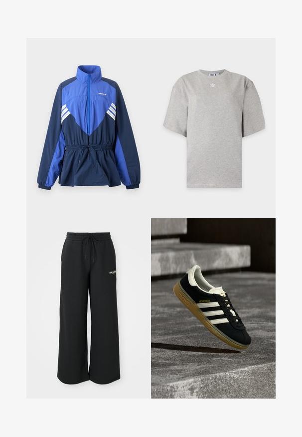 Blauwe en marineblauwe Adidas windbreaker jas met hoge kraag, ritssluiting aan de voorkant, elastisch koord in de taille en witte strepen op borst en mouwen.; Lichtgrijs Adidas T-shirt met korte mouwen, ronde hals en klein wit Adidas-logo op de borst, weergegeven op een effen achtergrond.; Zwarte sweatpants met wijde pijpen, gemaakt van zachte stof. Ze hebben een elastische tailleband met een trekkoord en een klein logo aan de linkerkant.; Zwarte Adidas München sneaker met witte strepen en eenbruine zool zwevend boven getextureerde betonnen trappen.