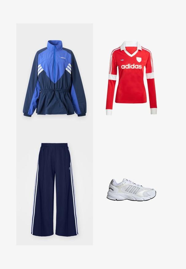 Blå og marineblå Adidas vindtæt jakke med høj krave, frontlynlås, elastisk taljetræk og hvide striber på bryst og ærmer.; Rød langærmet fodboldtrøje med hvid krave og manchetter. Har tre hvide striber på skuldrene og "adidas" logoet fremtrædende vist.; adidas Originals PANT - Træningsbukser - night indigo; Hvide sportsko i åndbart mesh og syntetiske materialer, med tre sølvstriber, struktureret gummisål og polstret krave.