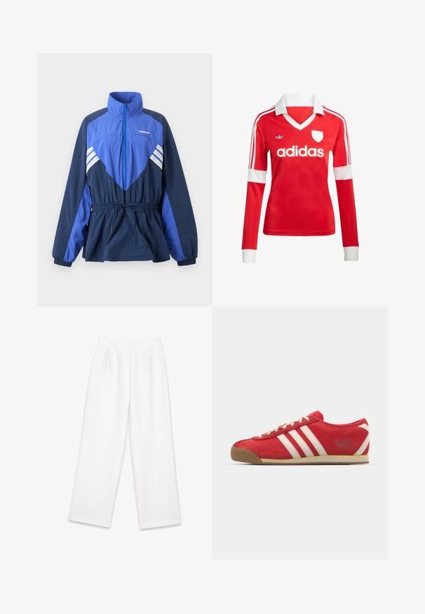 Modro-tmavomodrá vetrovka Adidas s vysokým golierom, predným zipsom, elastickým sťahovaním v páse a bielymi pruhmi na hrudi a rukávoch.; Červený futbalový dres s dlhým rukávom a bielym golierom a manžetami. Na ramenách sú tri biele pruhy a výrazne zobrazené logo "adidas".; Biele široké nohavice s hladkým povrchom, s prednými záhybmi, so zipsovým uzáverom a pútkami na opasok. Žiadne viditeľné vzory ani akcenty.; Červené semišové športové topánky s tromi bielymi pruhmi. Gumová podrážka, nízky strih, okrúly špička a šnurovanie. Nápis "adidas Italia" na boku.