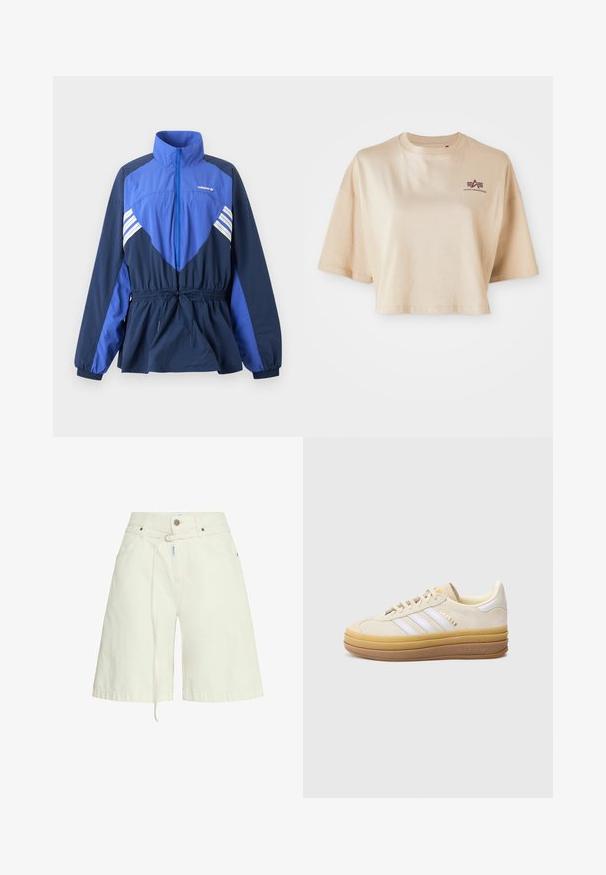 Blauwe en marineblauwe Adidas windbreaker jas met hoge kraag, ritssluiting aan de voorkant, elastisch koord in de taille en witte strepen op borst en mouwen.; Beige cropped t-shirt van katoen, met korte mouwen, een ronde halslijn en een bordeauxrode logoafdruk op de linkerborst.; Lichtbeige denim shorts met een relaxte fit, riemlussen, voorzakken en een trekkoordfunctie in de taille. Gladde textuur.; Beige suède sneaker met drie witte strepen, een gestructureerde tankleurige zool en gouden merknaam. Heeft een afgeronde neus en een zachte, gevoerde kraag.
