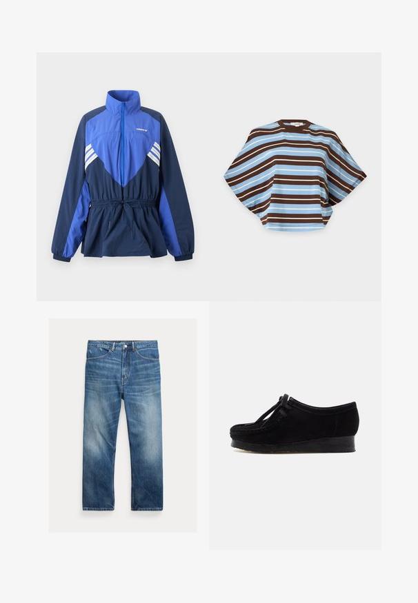 Sinine ja tumesinine Adidas tuulejope kõrge kraega, esiosas tõmblukuga, elastse vöökoha nööriga ning valgete triipudega rinnal ja varrukatel.; Lühikeste varrukatega kastikujuline topp laia lõikega, millel on horisontaalsed pruunid, helesinised ja valged triibud ning ümmargune kaelus.; Sinised pestud teksapüksid sirgete sääremudelitega, esitaskute, vööaasa ja tuhmumise detailidega reitel ja põlvedel.; Must have ümmarguse varbaga mustast nubukist king, kus on nähtavad õmblused ja paelad. Omab madalat vahevoolu kummist tallat, et tagada lisamugavus.