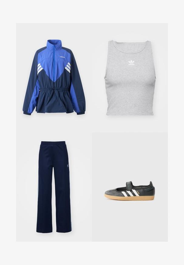 Blaues und marineblaues Adidas Windbreaker-Jacke mit hohem Kragen, Frontreißverschluss, elastischem Bund mit Kordelzug und weißen Streifen auf Brust und Ärmeln.; Graues, ärmelloses Crop-Top aus weichem Stoff, mit Rundhalsausschnitt und kleinem weißen Adidas-Logo auf der Brust.; Helleblaue Baumwollmischung Trainingshosen mit weit geschnittenem Design, elastischem Bund und Reißverschlusstaschen, mit weißen Seitenstreifen und Logodetails.; Schwarze Leder- und Wildledersneaker mit einem Klettverschluss, ausgestattet mit drei weißen Streifen und einer Gummisohle, beschriftet mit "SAMBA" an der Seite.