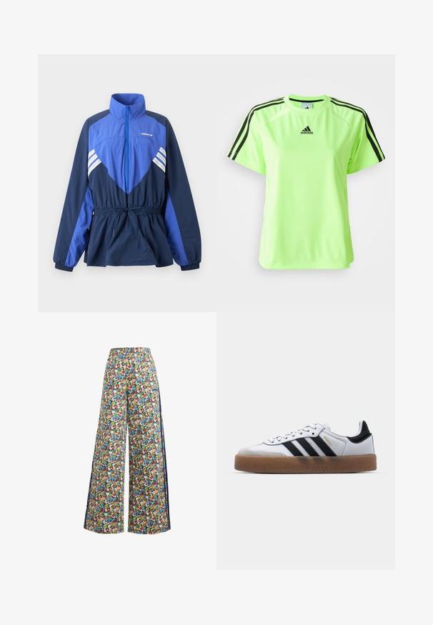 Blå og marineblå Adidas vindtæt jakke med høj krave, frontlynlås, elastisk taljetræk og hvide striber på bryst og ærmer.; Neon grøn atletisk t-shirt lavet af svedtransporterende stof. Har et sort tre-stripes design på skuldrene og logoet centreret på brystet.; Breddebenede blomsterbukser med en blå baggrund, der har et farverigt mønster af røde, gule og blå blomster samt en elastisk talje.; Hvide lædersneakers med sorte striber, gummirubber sål, rund tå, snørelukning og blød grå ruskinds tåhætte.