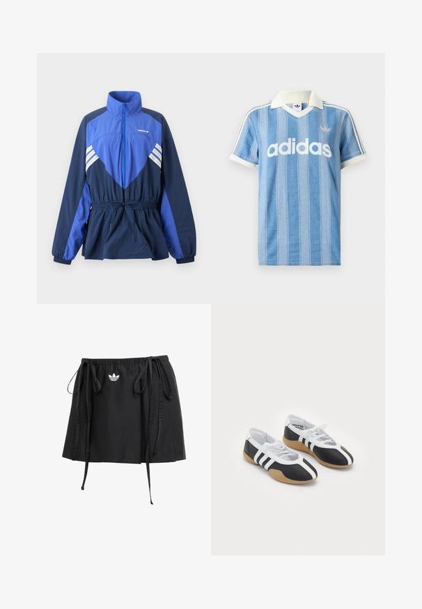 Blaues und marineblaues Adidas Windbreaker-Jacke mit hohem Kragen, Frontreißverschluss, elastischem Bund mit Kordelzug und weißen Streifen auf Brust und Ärmeln.; Hellblaues Poloshirt mit kurzen Ärmeln und vertikalen Streifen, weißen Akzenten und auffälligem weißen "adidas"-Logo auf der Vorderseite.; Schwarzer Sportrock mit verstellbaren Kordeln, mit einem kleinen weißen Logo auf der Vorderseite. Aus leichtem Stoff mit glatter Textur.; Schwarz-weiße Sportschuhe mit einem eleganten Design, Gummisohle, Schnürverschluss und drei weißen Streifen an den Seiten.