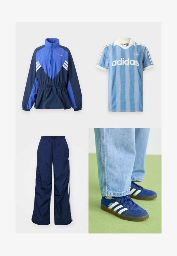 Modro-tmavomodrá vetrovka Adidas s vysokým golierom, predným zipsom, elastickým sťahovaním v páse a bielymi pruhmi na hrudi a rukávoch.; Svetlomodré polokošeľa s krátkym rukávom s vertikálnymi pruhmi, bielymi akcentmi a výrazným bielym logom „adidas“ na prednej strane.; Tmavomodré, ľahké nohavice s elastickým pásom a sťahovacou šnúrkou, so svetlými bočnými pásmi a malým logom na prednej strane. Strih voľného strihu.; Modré semišové tenisky s bielymi pruhmi a textúrovanými vzormi, obuté s svetlomodrými džínsami, na pozadí zelenej farby.