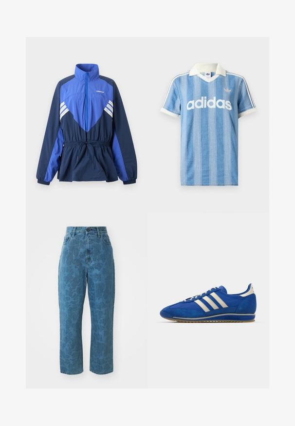 Μαριν και μπλε ανοιχτό μπουφάν Adidas με ψηλό γιακά, μπροστινό φερμουάρ, ελαστικό ρυθμιζόμενο στη μέση και λευκές ρίγες στο στήθος και τα μανίκια.; Ανοιχτό μπλε κοντομάνικη μπλούζα πόλο με κάθετες ρίγες, λευκές λεπτομέρειες και εμφανές λευκό λογότυπο "adidas" στο μπροστινό μέρος.; Ανοιχτού μπλε τζιν παντελόνι με διακριτική εικονογραφία υφής, ψηλή μέση και ευθεία γραμμή. Περιλαμβάνει κλείσιμο με κουμπί και φερμουάρ μπροστά.; Μπλε σουέτ αθλητικά παπούτσια με χαμηλό προφίλ, που διαθέτουν τρεις λευκές ρίγες, υφασμάτινη κάλυψη δακτύλων και σόλα από καουτσούκ χρώματος γκλ.