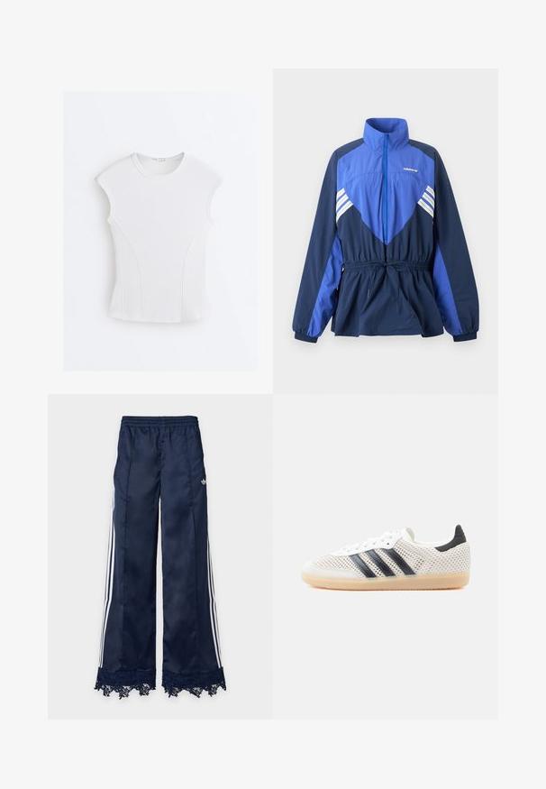 Blauwe en marineblauwe Adidas windbreaker jas met hoge kraag, ritssluiting aan de voorkant, elastisch koord in de taille en witte strepen op borst en mouwen.; Witte geribde mouwloze top met ronde halslijn en gebogen naaddetails op een effen witte achtergrond.; Marineblauwe trainingsbroek met wijde pijpen, witte zijstrepen, elastische tailleband, adidas-logo op de heup en kantafwerking aan de zoom.; Witte sneakers van mesh met een zwart ontwerp van drie strepen, een ronde neus en een rubberen gumzool. Voorzien van een zachte hielkraag en een vetersluiting.
