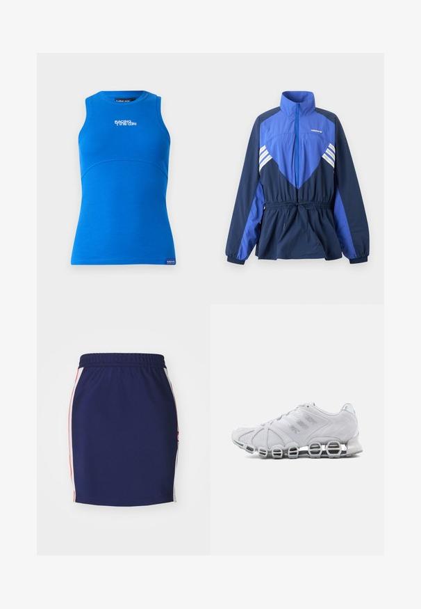 Blauwe en marineblauwe Adidas windbreaker jas met hoge kraag, ritssluiting aan de voorkant, elastisch koord in de taille en witte strepen op borst en mouwen.; Blauw mouwloos topje gemaakt van ribgebreid materiaal. Heeft een ronde halslijn en een horizontaal logo "RACING RED BULL" aan de voorkant.; Marineblauwe sportrok met elastische tailleband, voorzien van witte en rode zijpanelen, een gladde textuur en een getailleerd ontwerp.; Witte sportschoenen met een bovenwerk van mesh, suède accenten en een dempende zool met bubbelachtige elementen. Reflecterende details verbeteren het ontwerp.