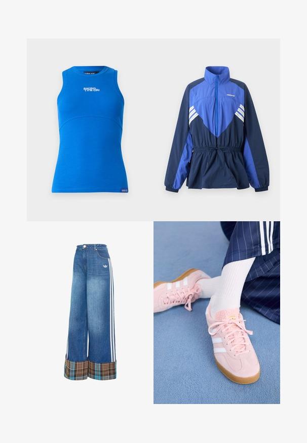 Blauwe en marineblauwe Adidas windbreaker jas met hoge kraag, ritssluiting aan de voorkant, elastisch koord in de taille en witte strepen op borst en mouwen.; Blauw mouwloos topje gemaakt van ribgebreid materiaal. Heeft een ronde halslijn en een horizontaal logo "RACING RED BULL" aan de voorkant.; Wijd uitlopende spijkerbroek in lichtblauw, met witte zijstrepen en een bruine geruite omslag. Gemaakt van een zachte, gestructureerde stof.; Lichtroze suède sneakers met witte strepen en veters, voorzien van een gestructureerde tong en een gumzool, geplaatst op een blauwe tapijt.