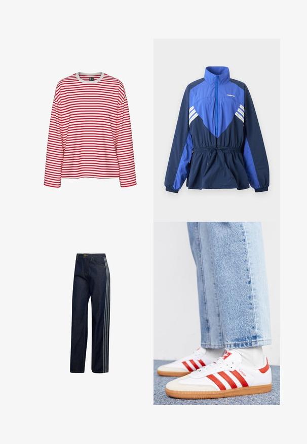 Blå og marineblå Adidas vindtæt jakke med høj krave, frontlynlås, elastisk taljetræk og hvide striber på bryst og ærmer.; Rød- og hvidstribet langærmet skjorte med rund halsudskæring og afslappet pasform. Blødt stof med ensartet stribemønster.; Mørkeblå denimjeans med lige ben og tre lysegrå striber, der løber ned langs ydersiden af hvert ben.; Hvide lædersneakers med røde striber og accenter. Har en tekstureret gummisål og polstret krave. Bæres med lyseblå denim.
