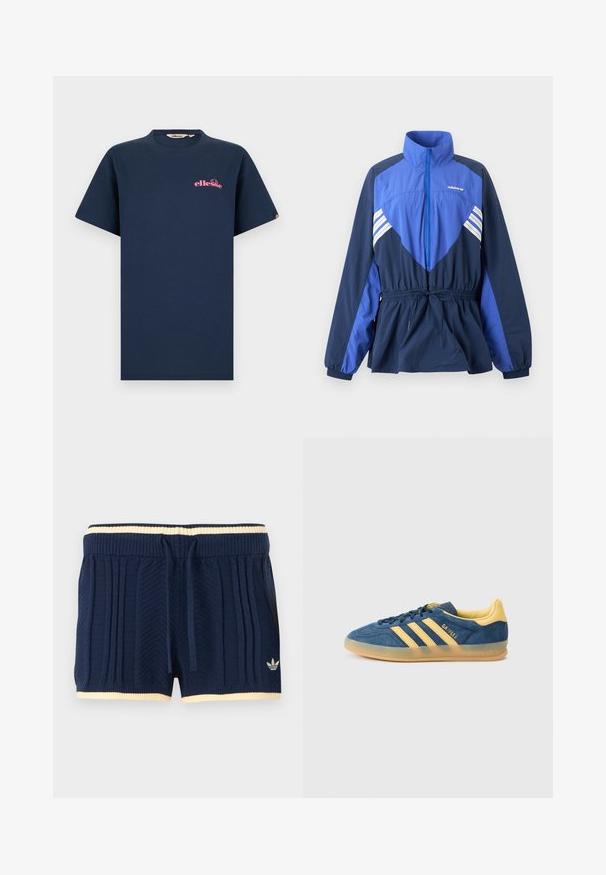 Μαριν και μπλε ανοιχτό μπουφάν Adidas με ψηλό γιακά, μπροστινό φερμουάρ, ελαστικό ρυθμιζόμενο στη μέση και λευκές ρίγες στο στήθος και τα μανίκια.; Μπλε ναυτικό κοντομάνικο μπλουζάκι με ροζ λογότυπο «ellesse» στο αριστερό στήθος και μικρό λογότυπο στο δεξί μανίκι.; Σκούρα μπλε πλεκτά σορτς με ραβδώσεις, εκρού φάσα στη μέση και το στρίφωμα, κορδόνι μπροστά και το λογότυπο Adidas στο αριστερό πόδι.; Μπλε σουέντ αθλητικό παπούτσι με κίτρινες λεπτομέρειες, τρεις κίτρινες ρίγες, υφασμένο γλώσσα και διαφανές εξωτερικό πέλμα από καουτσούκ. Ονομασία της μάρκας "Gazelle" ορατή.