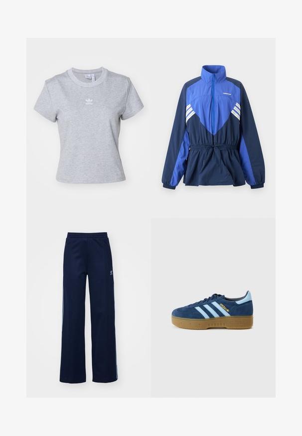 Blå og marineblå Adidas vindtæt jakke med høj krave, frontlynlås, elastisk taljetræk og hvide striber på bryst og ærmer.; adidas Originals ESS SLIM TEE - T-shirts basic - medium grey heather; Marineblå bomuldsblandede træningsbukser med bred benstil, elastisk talje og lynlåslommer, prydet med hvide sideordner og logo-detalje.; Marineblå ruskindssneaker med lyseblå striber, rund tå og sål i gummigummi. Guld "Spezial" logo på siden, klassisk Adidas-design.