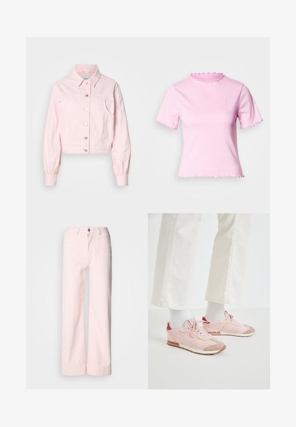 Hellrosa Jeansjacke mit langen Ärmeln, silbernen Knöpfen, aufgesetzten Taschen vorne und einem kurz geschnittenen Design. Verfügt über einen klassischen Kragen und elastische Bündchen.; Rosa kurzärmeliges T-Shirt mit geripptem Muster, wellenförmigem Ausschnitt und Saum, mit kleinem Logo auf der Vorderseite.; Hellrosa weite Hose mit jeansähnlicher Textur. Verfügt über einen vorderen Knopfverschluss, Gürtelschlaufen und zwei Gesäßtaschen. Weiches, lässiges Design.; Rosa Sport Schuhe mit einer Kombination aus glatten und strukturierten Materialien. Merkmale sind ein bordeauxfarbener Akzent an der Ferse und eine weiße Gummisohle.