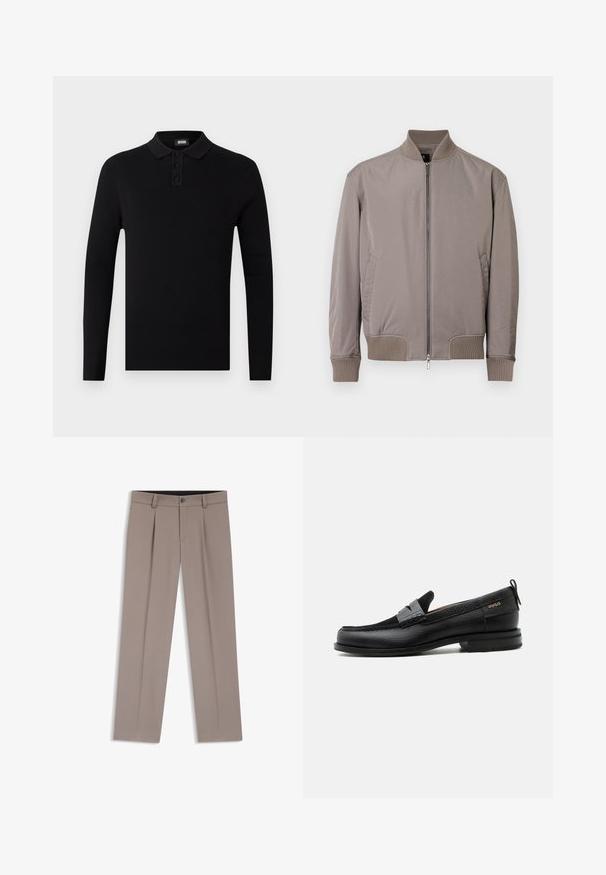 Veste bomber grise en tissu lisse, dotée d'un col et de poignets côtelés, d'une fermeture éclair frontale et de poches latérales.; Polo-shirt noir à manches longues avec une texture côtelée, patte de boutonnage à trois boutons et un col doux. Design simple et polyvalent.; Pantalon homme sur mesure de couleur marron clair avec passants de ceinture, plis, bouton à l'avant et braguette zippée, posé à plat sur un fond blanc.; Mocassin en cuir noir avec détail de bride grise, talon bas et semelle texturée, marqué "HUGO" en or sur le côté.