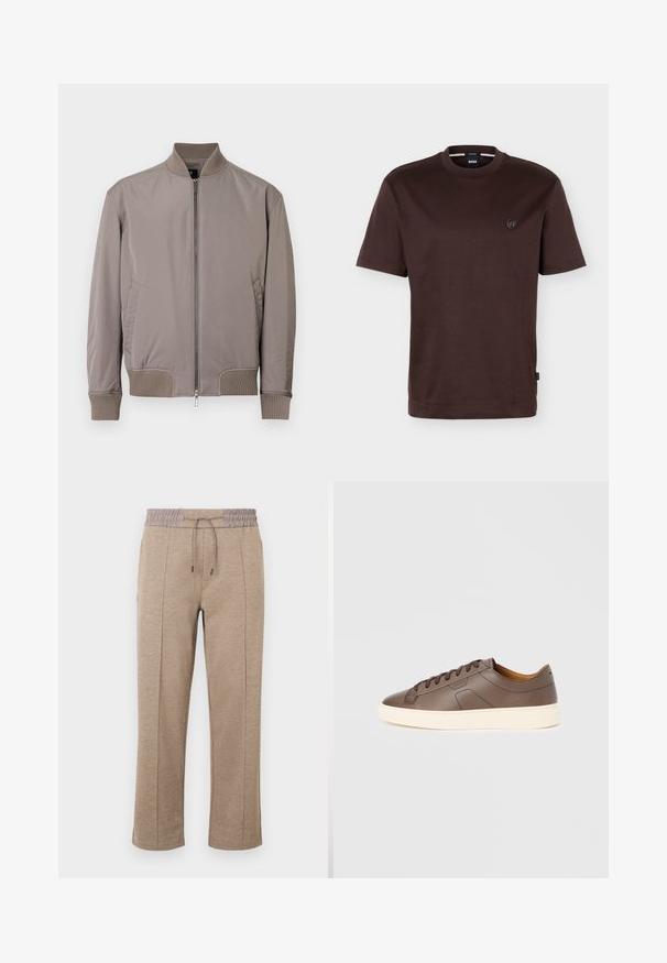 Veste bomber grise en tissu lisse, dotée d'un col et de poignets côtelés, d'une fermeture éclair frontale et de poches latérales.; T-shirt à manches courtes, col rond, uni de couleur marron foncé, avec un petit logo rond sur la poitrine gauche et une étiquette de marque noire sur la couture latérale.; Pantalon marron clair à coupe décontractée avec une taille élastique et un cordon de serrage. Texture lisse avec un détail de couture latérale et des jambes fuselées.; Baskets en cuir marron à texture lisse, semelle extérieure crème contrastante, bout arrondi et lacets marron foncé ; présente un logo discrètement embossé.