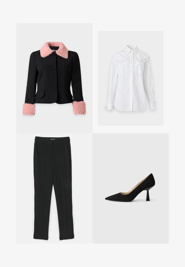 Veste noire avec un grand col en fausse fourrure rose et des poignets assortis en fausse fourrure rose, avec trois grands boutons noirs et deux poches avant.; Chemise blanche à manches longues, boutonnée, avec un col et deux poches poitrine, chacune ornée d'un noeud décoratif près du haut.; Pantalon noir au design droit, avec plis, poches latérales et texture lisse. Fabriqué en tissu léger.; Pompe à talons hauts en suède noir avec un bout pointu, dotée d'un talon bloc noir brillant et d'une doublure intérieure lisse.