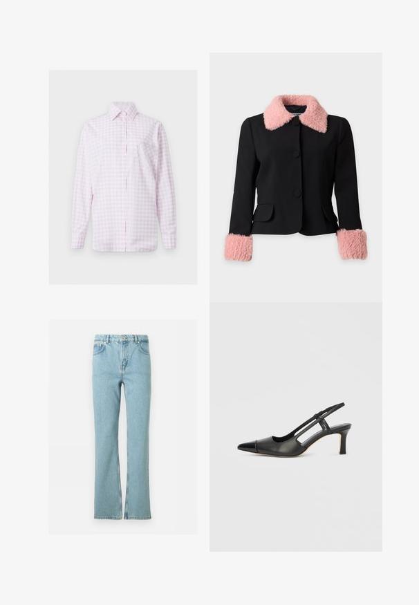 Veste noire avec un grand col en fausse fourrure rose et des poignets assortis en fausse fourrure rose, avec trois grands boutons noirs et deux poches avant.; Chemise à manches longues à carreaux rose clair et blanc, boutonnée sur le devant, avec col pointu et poche en forme de cœur cousue sur la poitrine gauche.; Jean denim bleu clair à jambes droites avec bouton frontal, fermeture éclair, passants pour ceinture et style à cinq poches sur fond blanc.; Chaussure à bride arrière en cuir noir avec bout pointu, dotée d'un accent brillant sur le bout et d'un talon de hauteur moyenne. Design latéral ouvert.