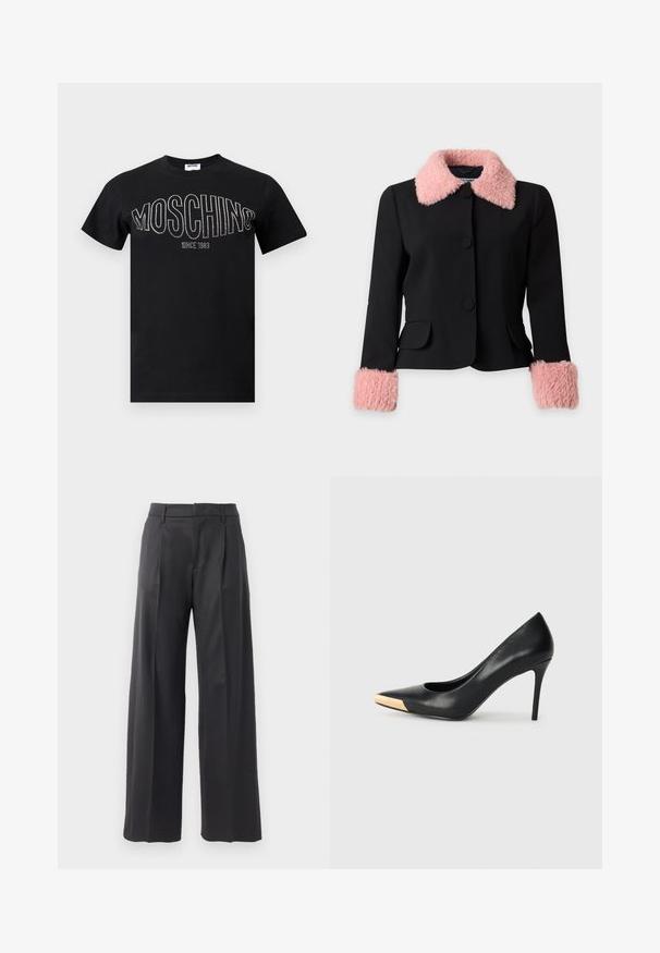 Veste noire avec un grand col en fausse fourrure rose et des poignets assortis en fausse fourrure rose, avec trois grands boutons noirs et deux poches avant.; T-shirt en coton noir avec un col rond et des manches courtes. "MOSCHINO" en strass sur la poitrine, avec "SINCE 1983" en dessous.; Pantalons larges noirs avec plis, fabriqués en tissu lisse. Dispose d'une taille ajustée et de lignes épurées, parfaits pour les occasions formelles.; Pompe à talon haut en cuir noir avec bout pointu ; présente une accentuation métallique dorée sur le capuchon. Surface lisse avec un design épuré.
