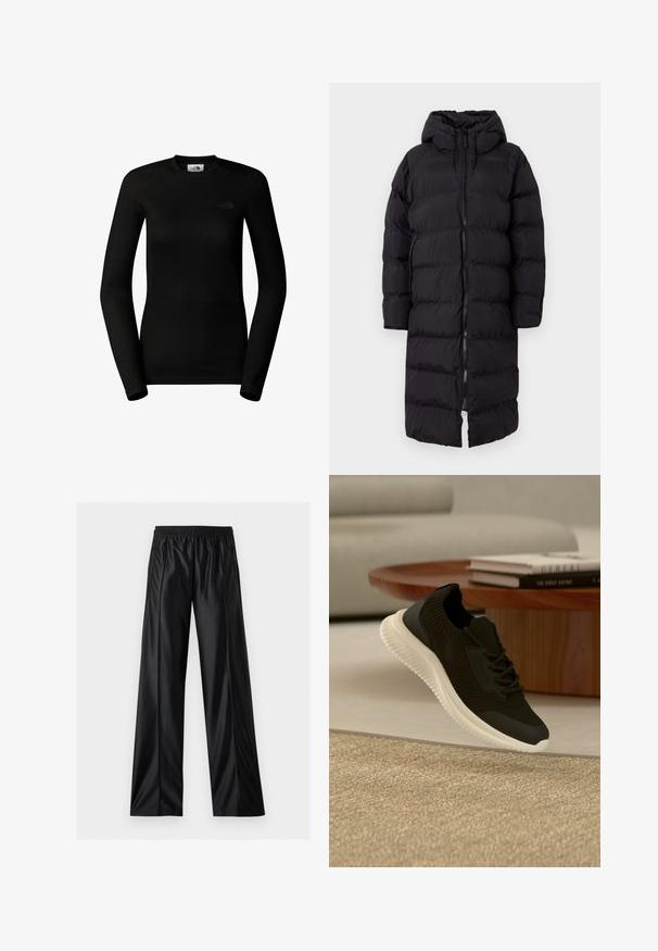 Sort polstret lang frakke med hætte, frontlynlås og sidelommer samt en elegant, glat overflade.; The North Face W EASY L/S CREW NECK - Langærmet T-shirt - tnf black; Sorte vidde bukser i kunstlæder med elastisk taljebånd og lynlåslommer i siden, vist på hvid baggrund.; Sort strikket sportssko med hvid sål, svævende over beige tekstureret tæppe ved siden af et rundt træbord med stabler af bøger.