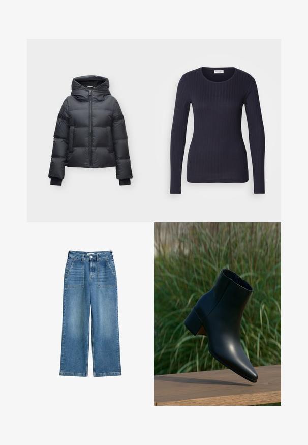 Schwarze Steppjacke mit Kapuze, Frontreißverschluss, gesteppter Optik und verlängerten Bündchen auf einfarbig hellem Hintergrund.; Marineblauer Langarm-Rippoberteil mit Rundhalsausschnitt. Aus weichem Stoff gefertigt, zeichnet es sich durch ein tailliertes Design und eine subtile Textur aus.; Hochtaillierte, weit geschnittene blaue Jeans aus Denim mit aufgesetzten Vordertaschen, Gürtelschlaufen und einem Frontknopf sowie Reißverschluss.; Schwarzer Leder-Knöchelboot mit Blockabsatz, spitze Spitze, dargestellt über einer Holzoberfläche mit grünem, verschwommenem Gras-Hintergrund.
