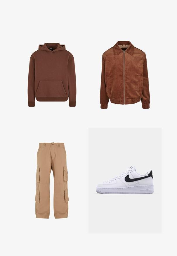 Veste en velours côtelé marron avec col à revers, fermeture éclair avant et deux poches latérales. Texture côtelée et poignets côtelés, coupe décontractée.; Sweat à capuche marron en tissu doux, avec une poche kangourou, des poignets côtelés et un design décontracté.; Pantalons cargo beige avec plusieurs poches latérales, jambes droites et coupe décontractée. Fabriqués en tissu léger avec une finition texturée.; Sneaker en cuir blanc avec un Swoosh noir texturé, des lacets plats et une semelle en caoutchouc avec un motif strié. "AIR" est embossé sur le talon.