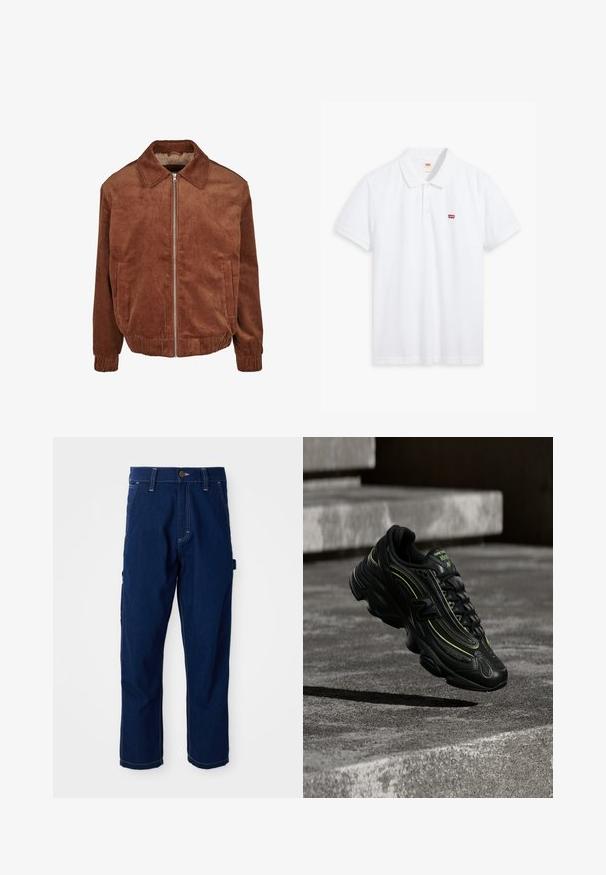 Brun fløjlsjakke med krave, lynlås foran og to sidelommer. Ribstrikket tekstur og manchetter, afslappet pasform.; Hvid polo t-shirt lavet af bomuld. Har en tre-knaps stolpe, korte ærmer og et lille rødt Levi's-logo på venstre bryst.; Mørkeblå lige ben denim arbejdsbukser med hvid syning, bæltestropper, frontlommer og en side utility løkke på hvid baggrund.; Sort New Balance sneaker med neon grønne accenter svævende over grå betontrin i dæmpet belysning.