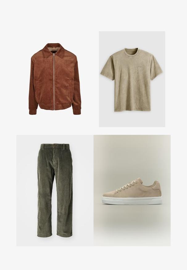 Brun fløjlsjakke med krave, lynlås foran og to sidelommer. Ribstrikket tekstur og manchetter, afslappet pasform.; Lysbrun, kortærmet t-shirt med rund hals, lavet af blødt stof. Har et lille, broderet logo på brystet.; Olivengrønne fløjlsbukser med lodrette ribber, der har knaplukning og lige ben. Blød tekstur med en klassisk pasform.; Beige ruskind lavtop sneaker med hvid gummisål og beige snørebånd på en ensfarvet lys baggrund.