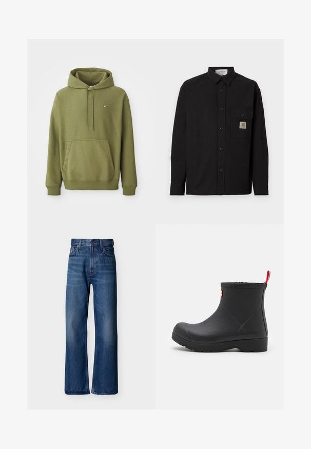 Musta, pitkähihainen, napitettava paita, jossa kaulus, rintatasku, jossa Carharttin logopatch, ja napilliset kalvosimet, esitetty yksinkertaisella taustalla.; Oliivivihreä huppari, jossa on etu-tasku, säädettävä naruhuppu, ribatut hihansuut ja helma, sekä pieni valkoinen Nike-swoosh rinnassa.; Siniset farkut, joissa on korkea vyötärö, leveälahkeinen malli, viiden taskun tyyli ja hienovarainen haalistuma. Calvin Kleinin logo vyötärönauhassa.; Musta kuminen nilkkaboots, jossa on sileä pinta, pyöreä varvas ja punainen vetoketju takaosassa. Varustettu matalalla, tukevalla pohjalla kestävyys huomioiden.