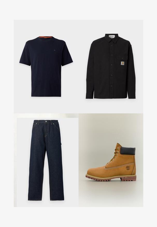 Schwarzes langärmliges Hemd mit Knöpfen, Kragen, Brusttasche mit Carhartt-Logo-Patch und geknöpften Manschetten, auf einfarbigem Hintergrund dargestellt.; Schlichtes dunkelmarineblaues T-Shirt mit kurzen Ärmeln und Rundhalsausschnitt, mit einem kleinen gestickten Logo auf der linken Brust und einem orangefarbenen Besatz am Innenkragen.; Dunkelblaue Jeans mit geradem Bein, Vorderentaschen, Gürtelschlaufen und Knopfverschluss in der Taille vor einfarbigem Hintergrund.; Brauner Leder-Stiefelette mit schwarzem Kragen, gelben Schnürsenkeln und hellbrauner Sohle. Verfügt über ein Logo und weiße Ziernähe. Robuste Profilsohle.