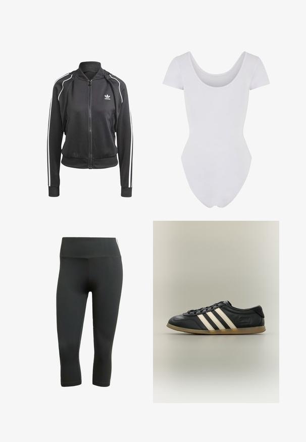 Zwarte sportjack gemaakt van gladde stof, met een geribde kraag, witte zijstrepen en een ritszak aan de voorkant met twee zijzakken.; Witte korte mouw bodysuit met een ronde hals, gemaakt van zachte, elastische stof. Het ontwerp heeft een aangesloten silhouet en een naadloze constructie.; Zwarte capri-legging gemaakt van rekbaar materiaal, met een brede tailleband en witte zijstrepen voor contrast en detail.; Zwarte Adidas Gazelle sneaker met witte strepen, zwarte veters en een lichtbruine zool, getoond in zijaanzicht op een neutrale achtergrond.
