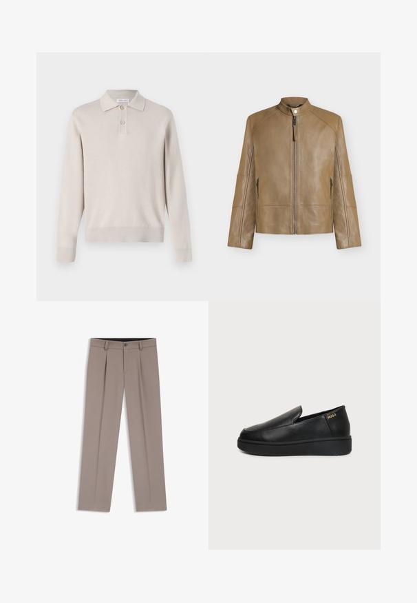 Tan farvet læderjakke med ståkrave, frontlynlås, trykknaplukning og lynlåslommer i siden, vist på ensfarvet baggrund.; Lys beige langærmet polo skjorte lavet af blødt materiale. Har krave, tre-knaps lukning og ribbede manchetter og kant.; Lysebrune herrebukser med bæltestropper, plisseringer, knaplukning foran og lynlås, lagt fladt på en hvid baggrund.; Sort læder slip-on sko med tyk sål og små sideventilationshuller, med gulddetalje "HUGO" logo nær hælen.