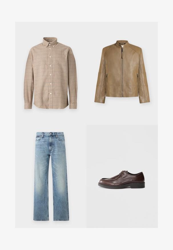 Lichtbruine leren jas met opstaande kraag, ritssluiting aan de voorkant, drukknopsluiting en ritssluitingen aan de zijkanten, getoond op een effen achtergrond.; Beige en bruine geruite lange mouwen knoopshirt met een knoop- naar beneden kraag, weergegeven op een effen achtergrond, vooraanzicht.; Lichtblauwe denim jeans met rechte pijpen, een hoge taille, vijf zakken, knoopsluiting en subtiele vervaging op de dijen en knieën.; Bruine leren nette schoen met een ronde neus, minimale stiksels en een stevige zwarte zool. Voorzien van vetersluiting en een gladde textuur.