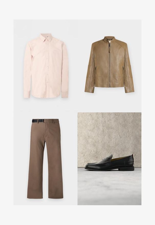 Veste en cuir beige avec col montant, fermeture éclair devant, fermeture à boutons-pression et poches latérales zippées, présentée sur fond uni.; Chemise rose clair à manches longues avec boutons, col pointu, logo discret sur la poitrine et poignets boutonnés sur un fond blanc uni.; Pantalons marron à jambes larges avec un devant plat, des passants de ceinture et une ceinture noire. Fabriqués en tissu lisse avec des coutures soignées et sans motifs.; Mocassin pour homme en cuir noir avec un dessus embossé effet croco et un petit talon, présenté de profil sur un fond neutre.