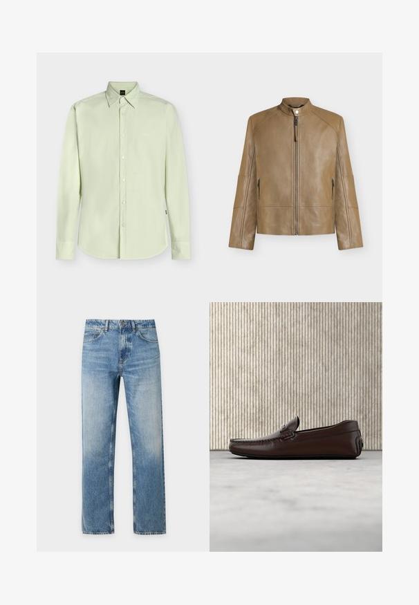 Veste en cuir beige avec col montant, fermeture éclair devant, fermeture à boutons-pression et poches latérales zippées, présentée sur fond uni.; Chemise boutonnée à manches longues vert clair avec col et logo discret « BOSS » sur la poitrine, présentée sur un fond uni.; Jean denim bleu clair à coupe droite avec cinq poches et fermeture bouton sur un fond uni.; Mocassins en cuir marron avec une finition lisse, des coutures de style mocassin, un bout rehaussé et une semelle en caoutchouc basse et flexible.
