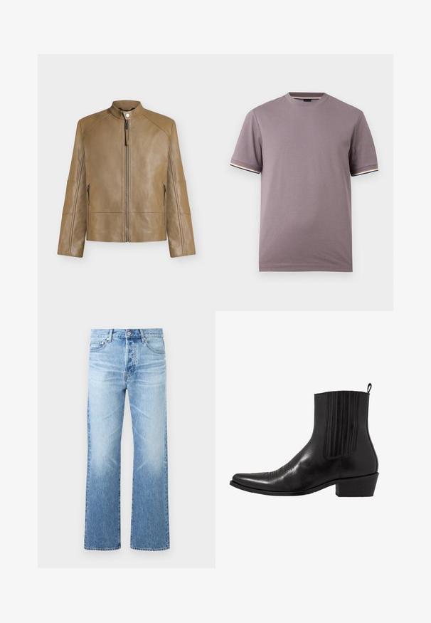 Veste en cuir beige avec col montant, fermeture éclair devant, fermeture à boutons-pression et poches latérales zippées, présentée sur fond uni.; T-shirt manches courtes violet mat à col rond avec bordures rayées contrastées aux poignets et à l'encolure.; Jean en denim bleu clair avec coupe droite, design à cinq poches, fermeture par bouton et légère décoloration sur les cuisses et les genoux.; Bottine noire en cuir avec un bout pointu, des panneaux latéraux élastiques, des accents de coutures verticales et un petit talon bloc.